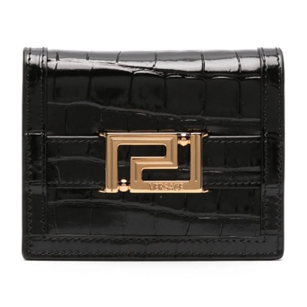 Versace Black Croc Greca Goddess Bifold Leather Wallet/BNWT/ UNISEX